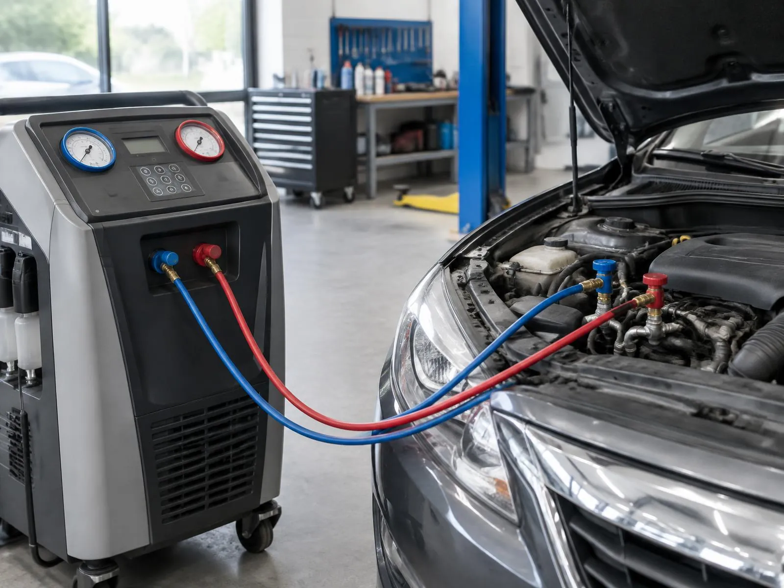Une station de recharge de clim branchée sous le capot d’une voiture