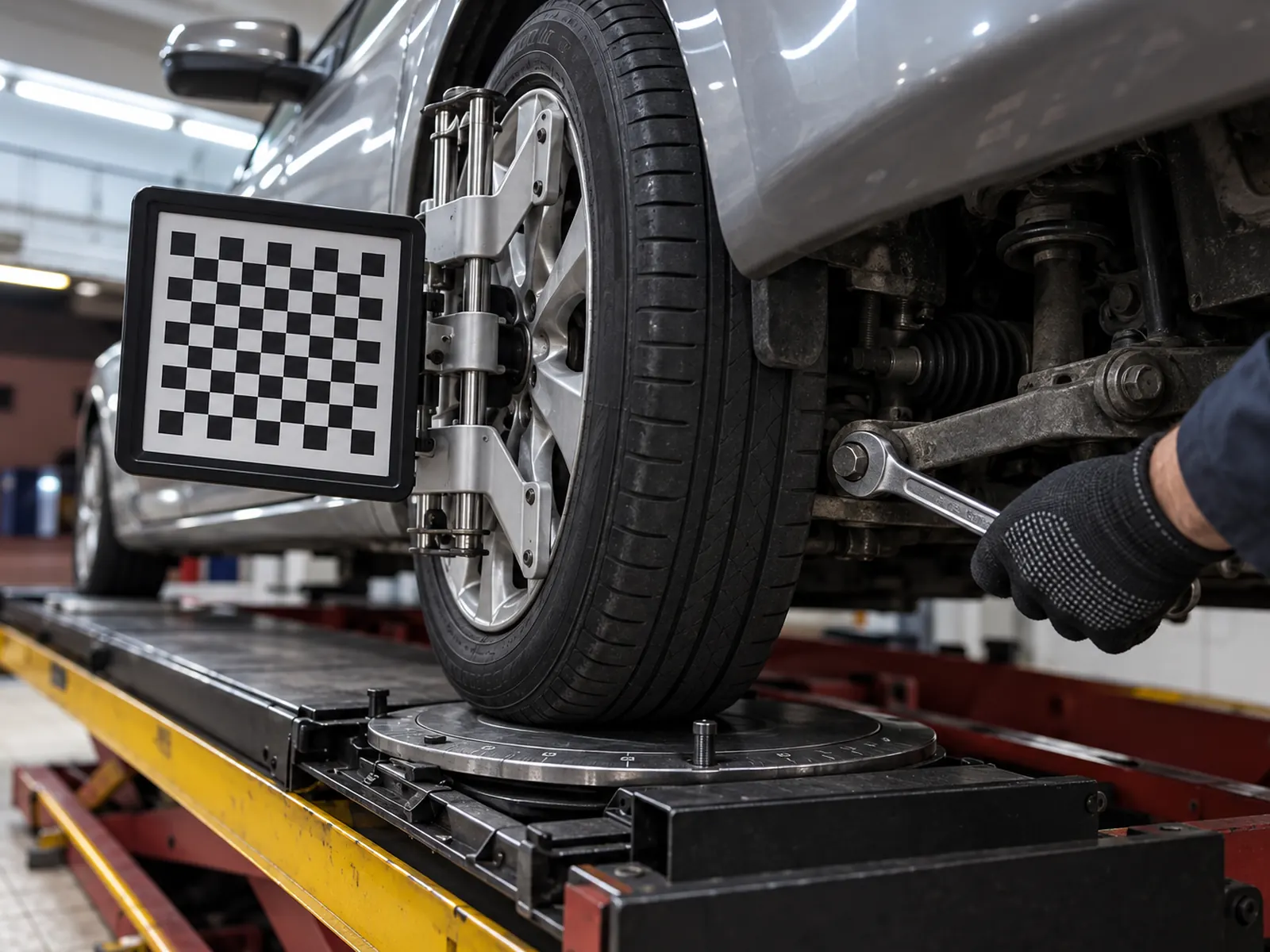 Réglage du carrossage à la clé, roue sur le plateau du banc