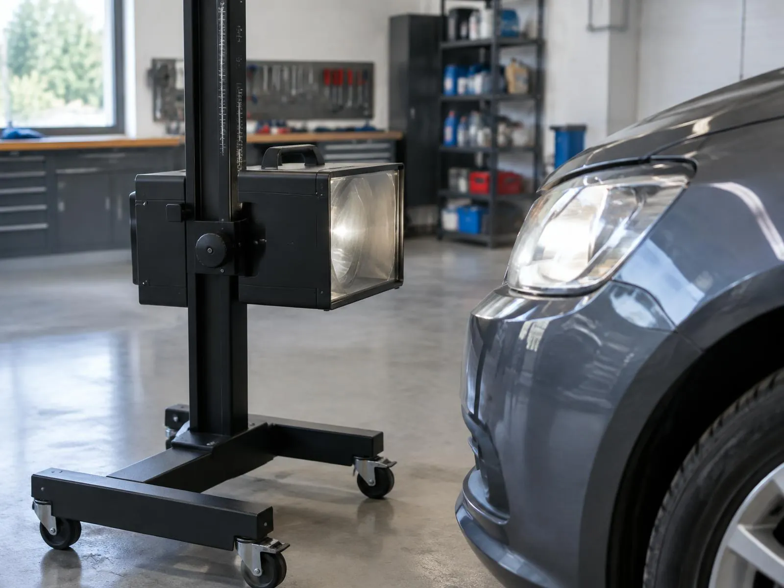 Le faisceau d’un phare de voiture contrôlé dans un atelier