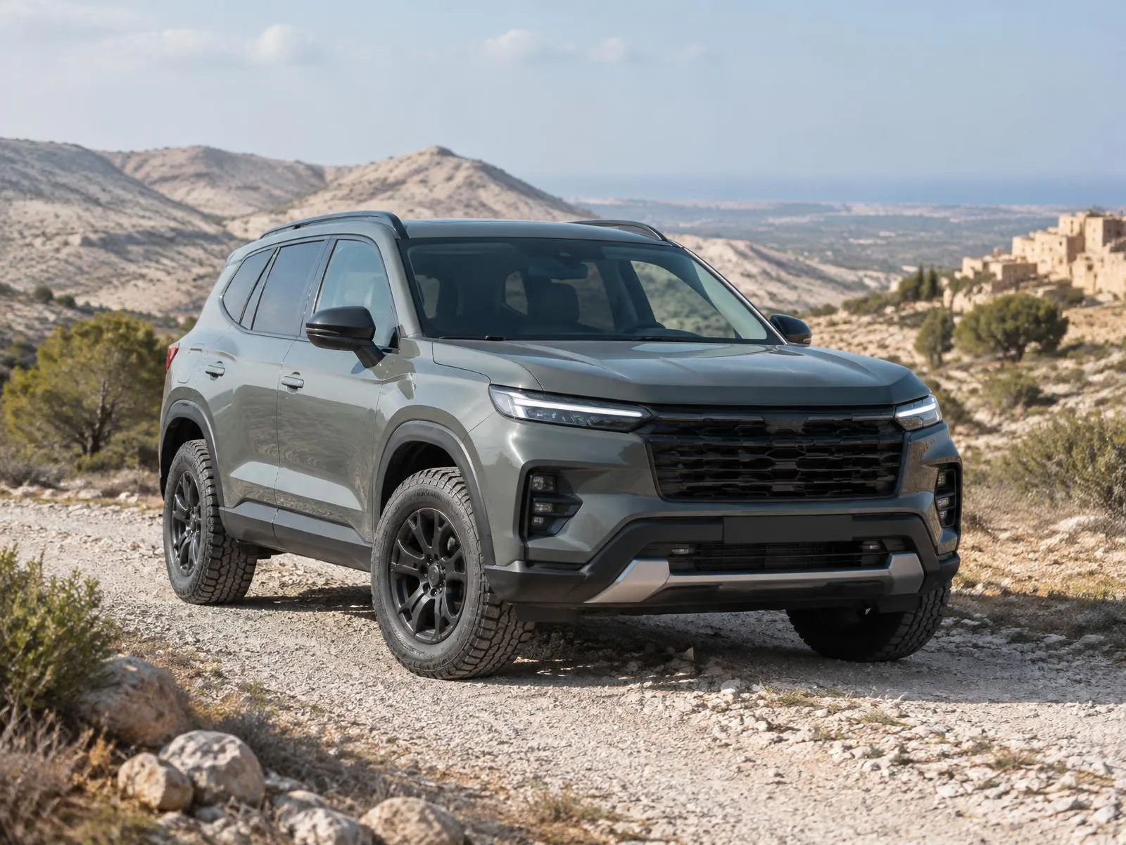 Un SUV en pneus tout-terrain sur une piste de gravier