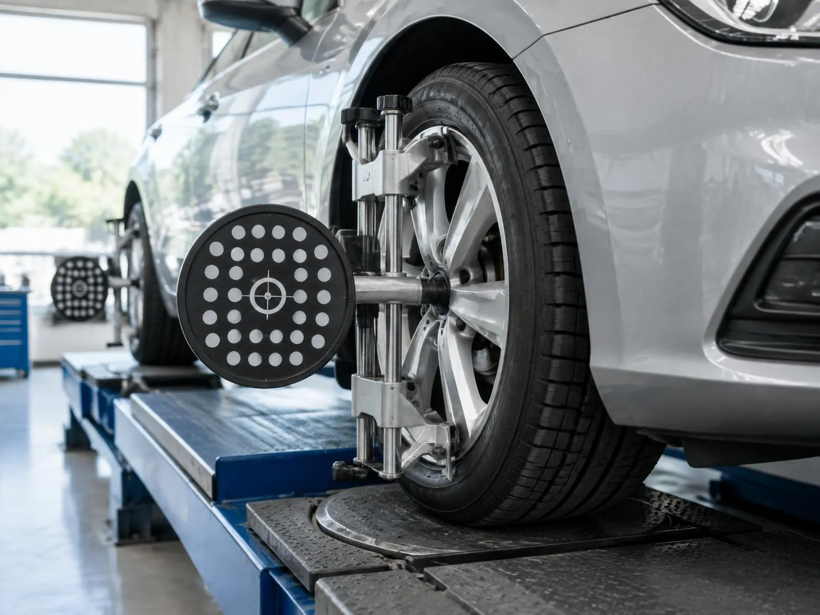 Cible de mesure 3D fixée sur la roue d’une voiture