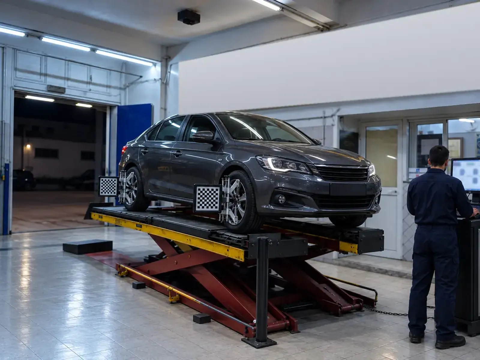 Voiture sur le banc de géométrie, cibles 3D sur les roues